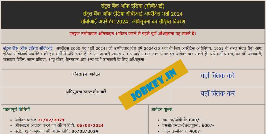 Central Bank of India Apprentices Online Form 2024